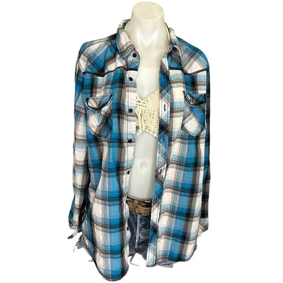 Plaid Western Plaid Pearl Snap Shirt XL Oversize One of Kind Beer Spirit Animal - Picture 4 of 6